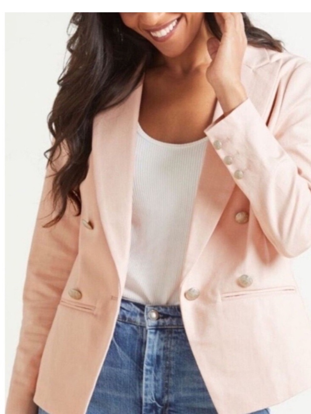 EVEREVE Blush Pink Cotton Double-Breasted Crested Button Blazer Size M
